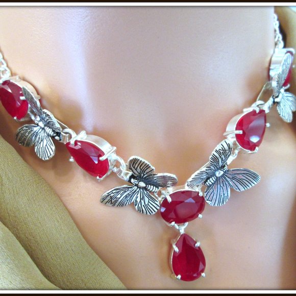 ruby natural pear cut ladies 925 silver necklace - Picture 1 of 6